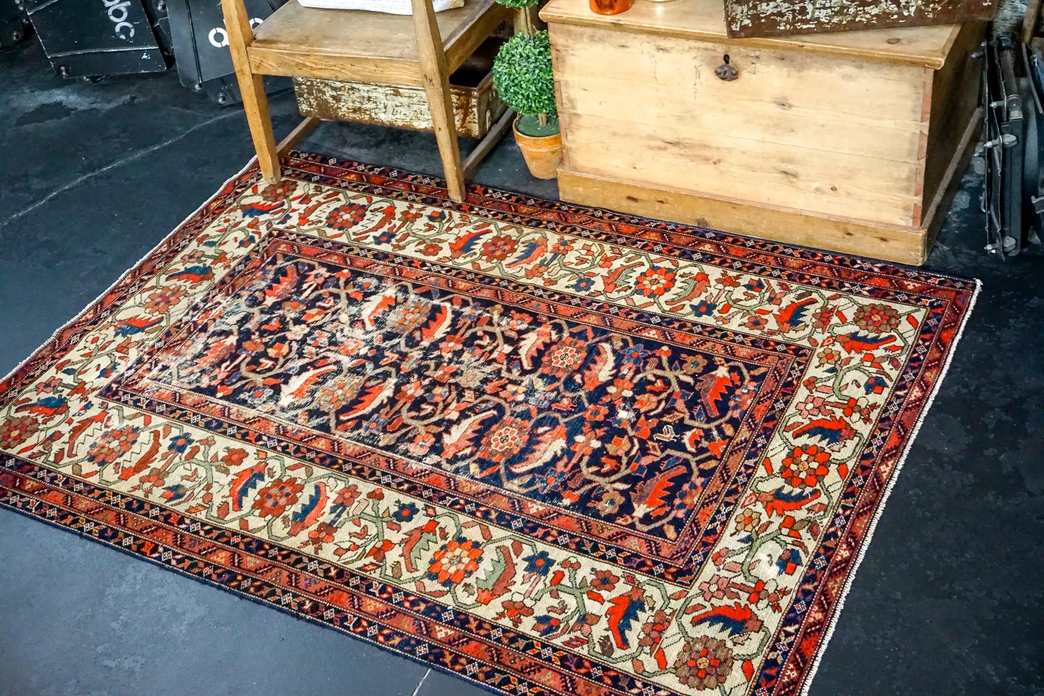 4’6 x 6’ Vintage Malayer Carpet Blue, Red and Cream 70’s '3183 Linda's Barn