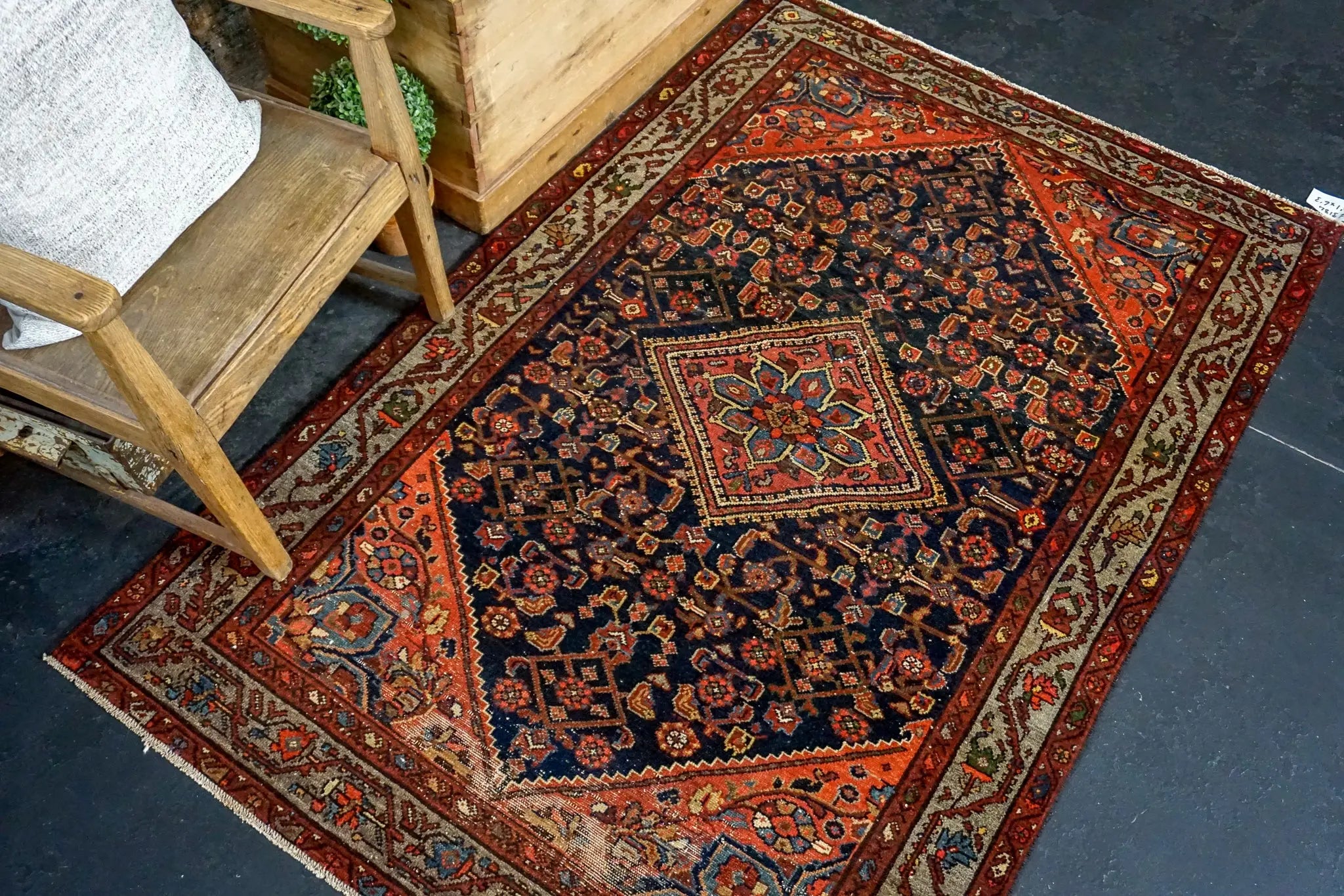 4’1 x 6’3 Vintage Malayer Carpet Blue, Red and Gray 70’s '3184 Linda's Barn