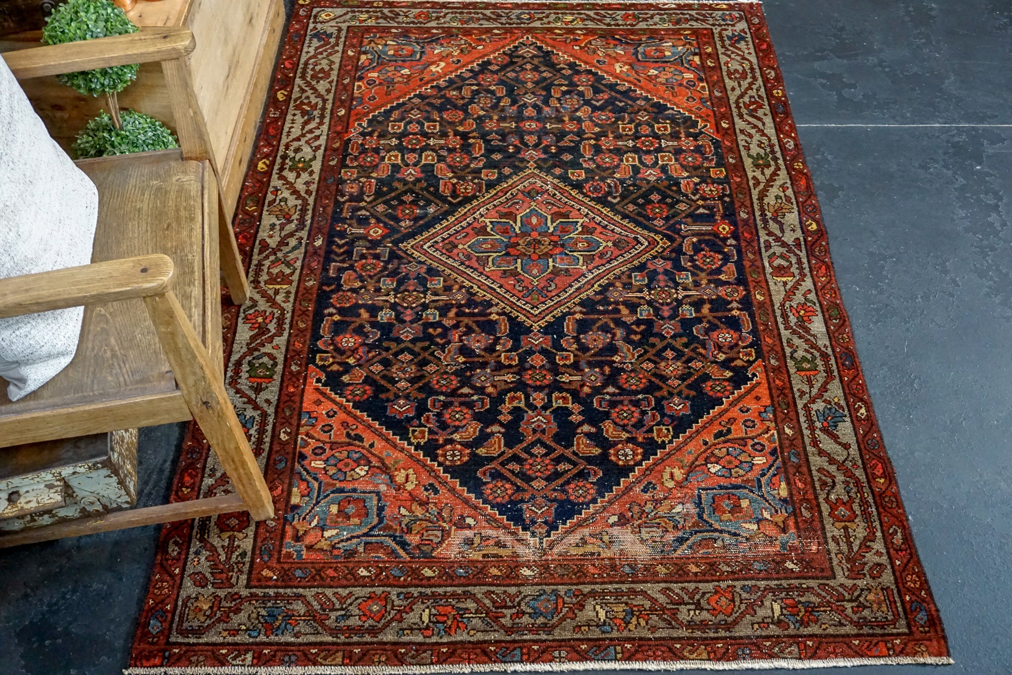 4’1 x 6’3 Vintage Malayer Carpet Blue, Red and Gray 70’s – Linda's Barn