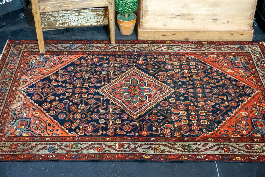 4’1 x 6’3 Vintage Malayer Carpet Blue, Red and Gray 70’s