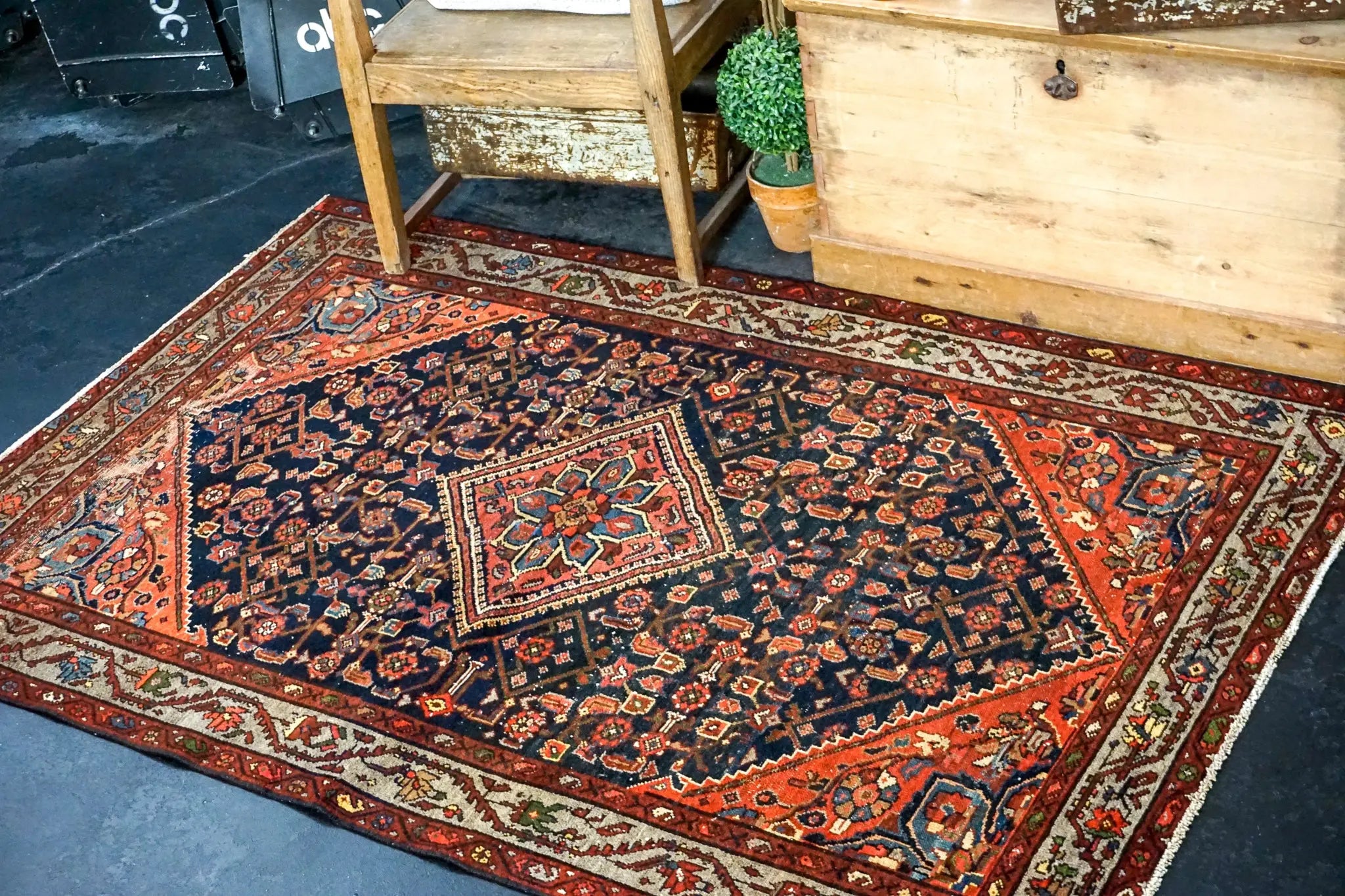 4’1 x 6’3 Vintage Malayer Carpet Blue, Red and Gray 70’s '3184 Linda's Barn