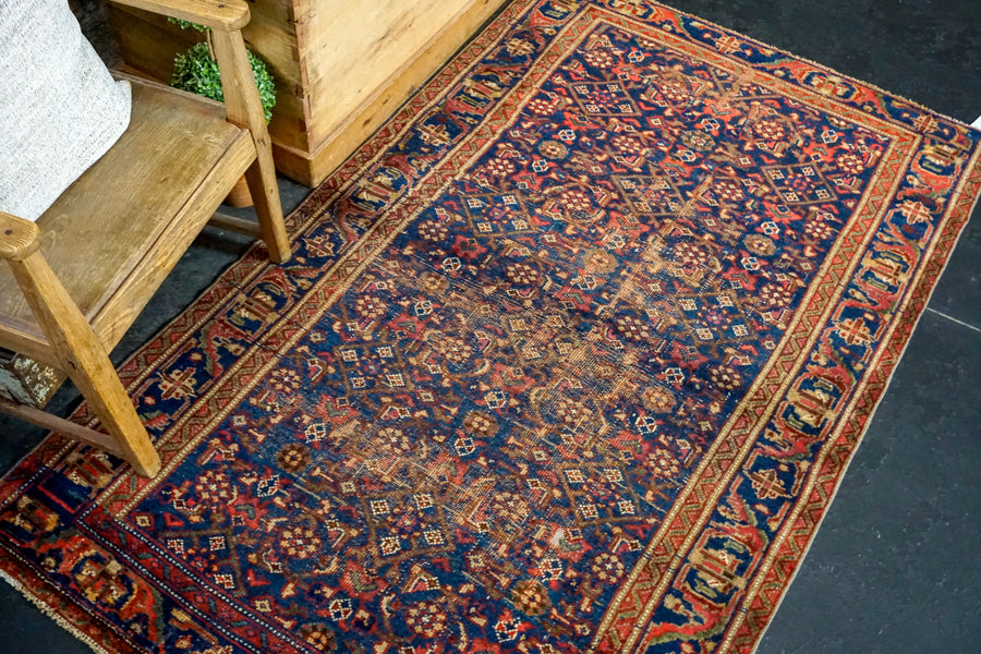 4’ x 6’6 Vintage Malayer Carpet Blue, Red and Green 70’s