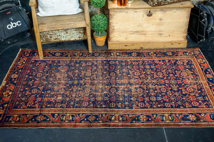 4’ x 6’6 Vintage Malayer Carpet Blue, Red and Green 70’s