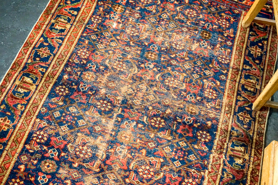 4’ x 6’6 Vintage Malayer Carpet Blue, Red and Green 70’s