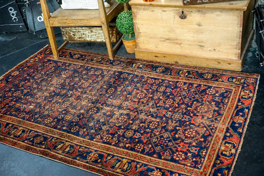 4’ x 6’6 Vintage Malayer Carpet Blue, Red and Green 70’s