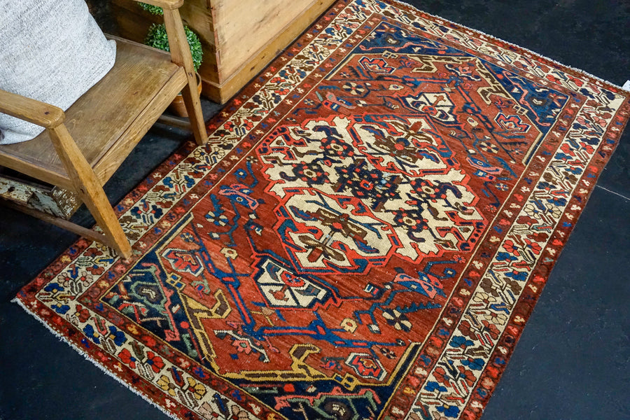 4’4 x 5’7 Vintage Malayer Carpet Red, Blue and Cream 70’s