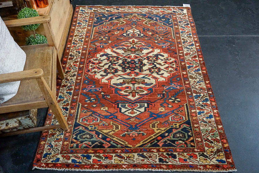 4’4 x 5’7 Vintage Malayer Carpet Red, Blue and Cream 70’s