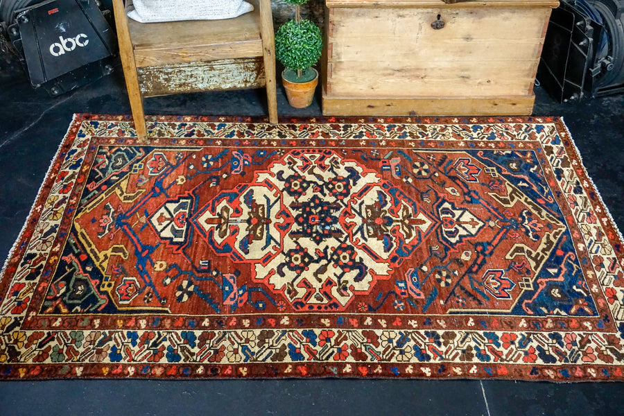 4’4 x 5’7 Vintage Malayer Carpet Red, Blue and Cream 70’s