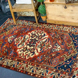 4’4 x 5’7 Vintage Malayer Carpet Red, Blue and Cream 70’s '3187