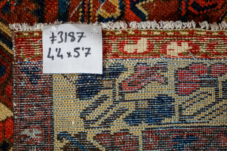4’4 x 5’7 Vintage Malayer Carpet Red, Blue and Cream 70’s