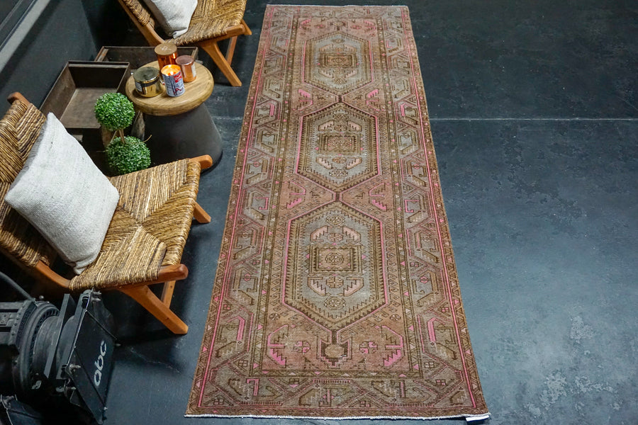 3’4 x 10’2 Classic Vintage Runner Brown, Periwinkle + Pink