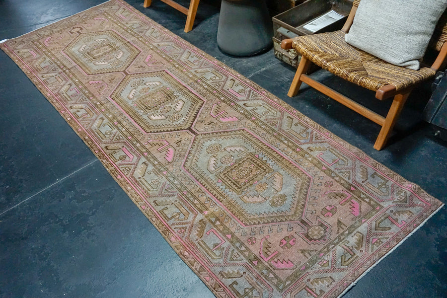 3’4 x 10’2 Classic Vintage Runner Brown, Periwinkle + Pink