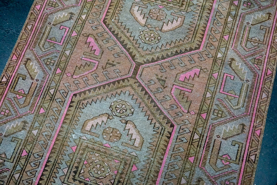 3’4 x 10’2 Classic Vintage Runner Brown, Periwinkle + Pink