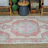 4'2 x 7’2 Oushak Rug Muted Coral Red, Sea Blue, Green & Cream Vintage Carpet