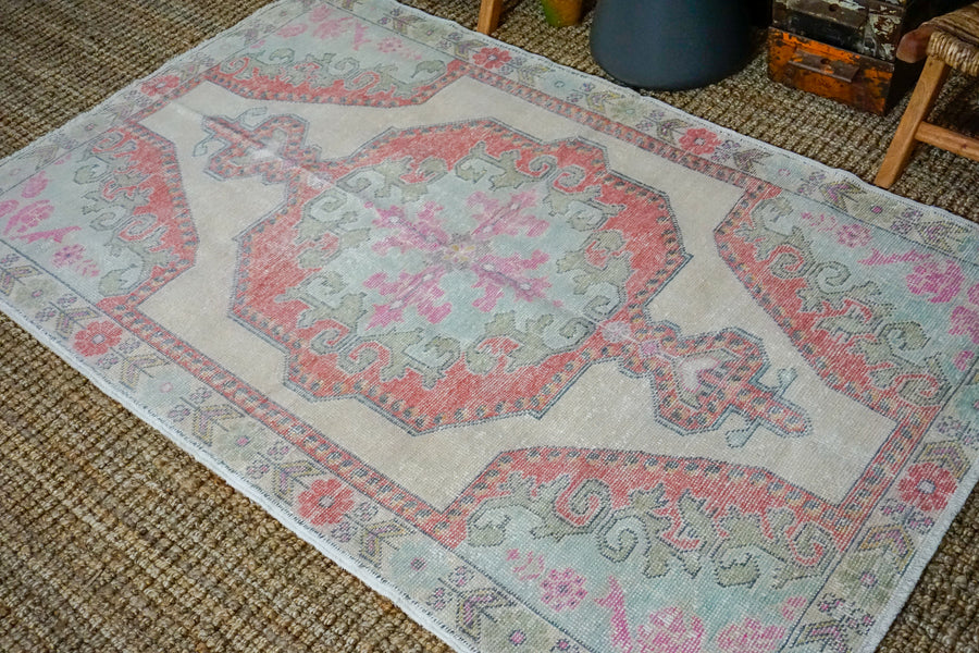 4'2 x 7’2 Oushak Rug Muted Coral Red, Sea Blue, Green & Cream Vintage Carpet