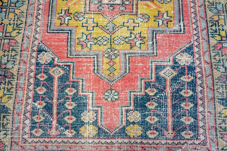 4' x 9' Turkish Oushak Gallery Rug Red, Blue & Yellow Gold