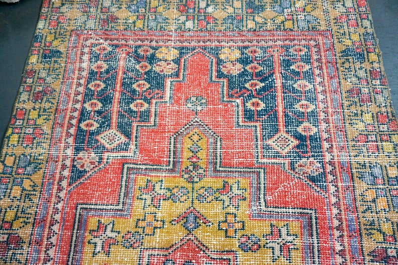 4' x 9' Turkish Oushak Gallery Rug Red, Blue & Yellow Gold