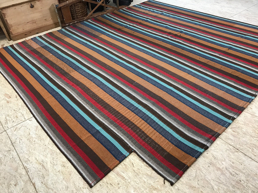 Mid-Century Modern Design 9 x 10 Turkish  Kilim Browns and Blues and Reds