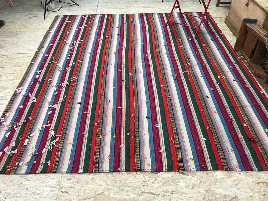 7 x 8 MCM Filikli Kilim Red, White, Green, and Blue Stripes