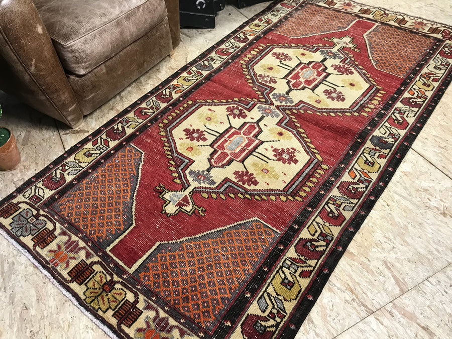 Turkish Oushak Rug 1960's 3’9 x 7’4 Deep Brick Red, Black + Cream