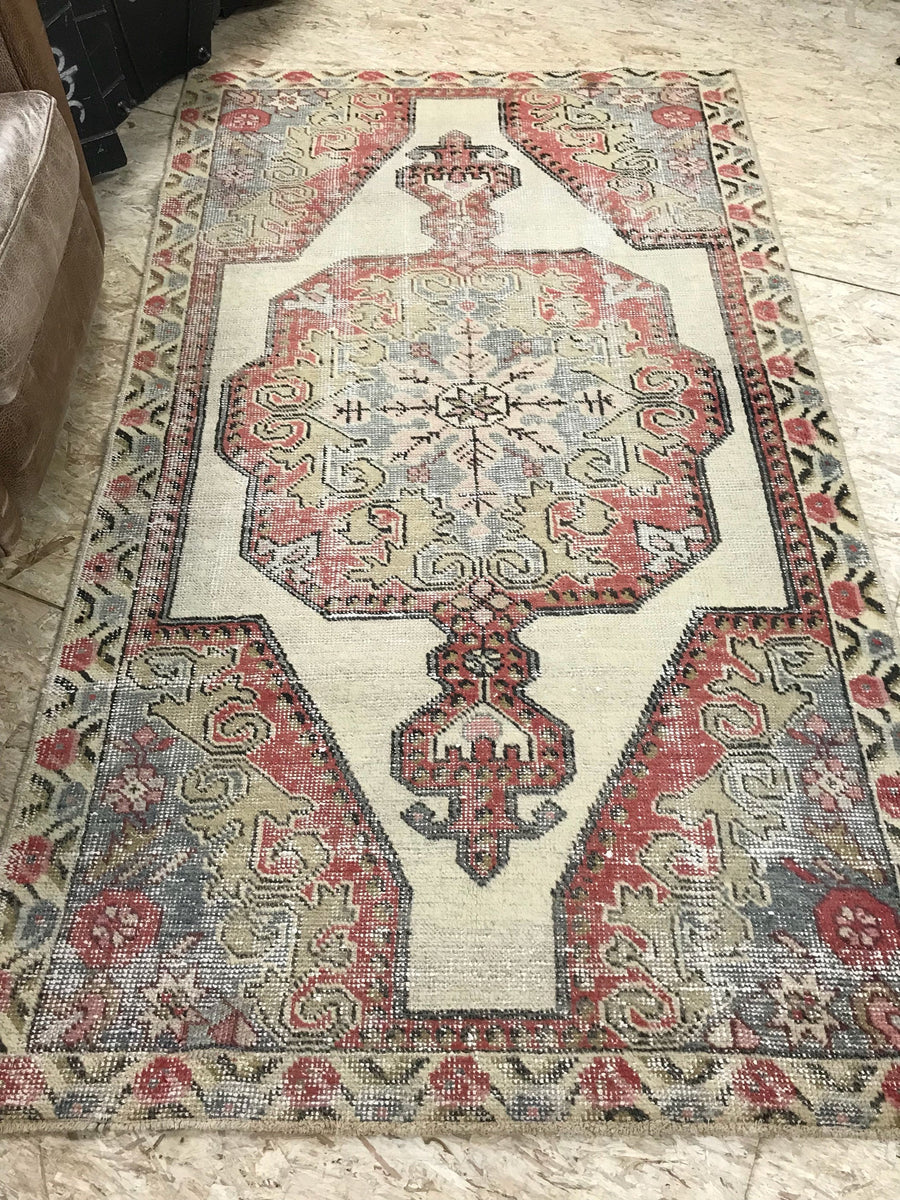 Hold for CM til 9/30*4’x 7’4 Turkish Oushak Rug 1960's Shabby Chic Soft Pastel Colors Handmade Carpet