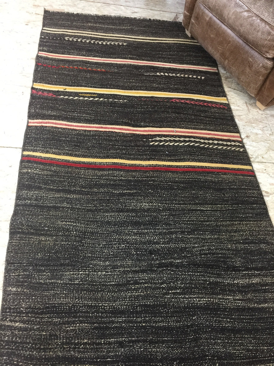 3 x 12 Vintage Kilim Runner  Tobacco Brown, Red, Yellow and Cream