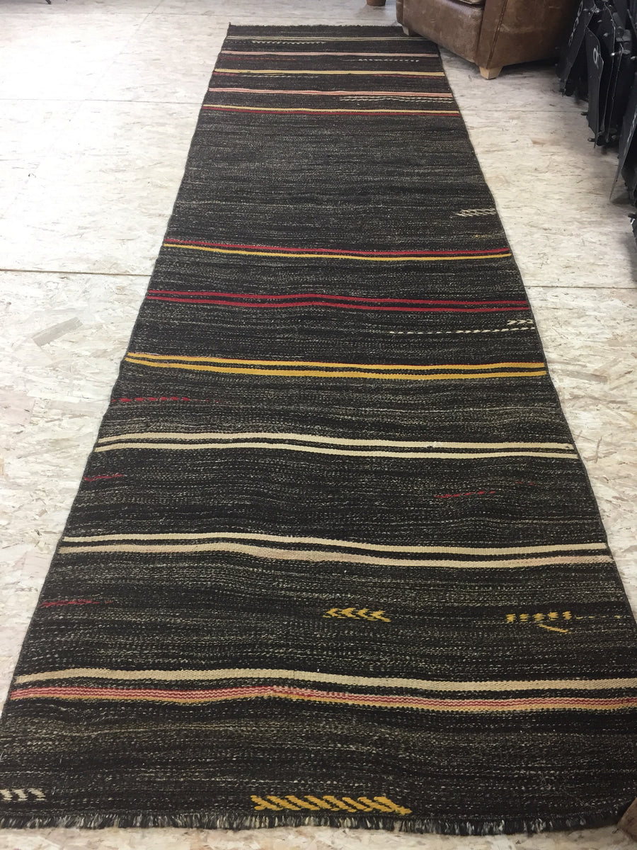 3 x 12 Vintage Kilim Runner  Tobacco Brown, Red, Yellow and Cream