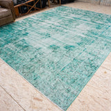 9' X 12' Oversize Vintage Distressed Carpet Jade Green Overdyed Rug