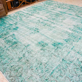 9' X 12' Oversize Vintage Distressed Carpet Jade Green Overdyed Rug