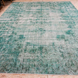 9' X 12' Oversize Vintage Distressed Carpet Jade Green Overdyed Rug