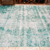9' X 12' Oversize Vintage Distressed Carpet Jade Green Overdyed Rug