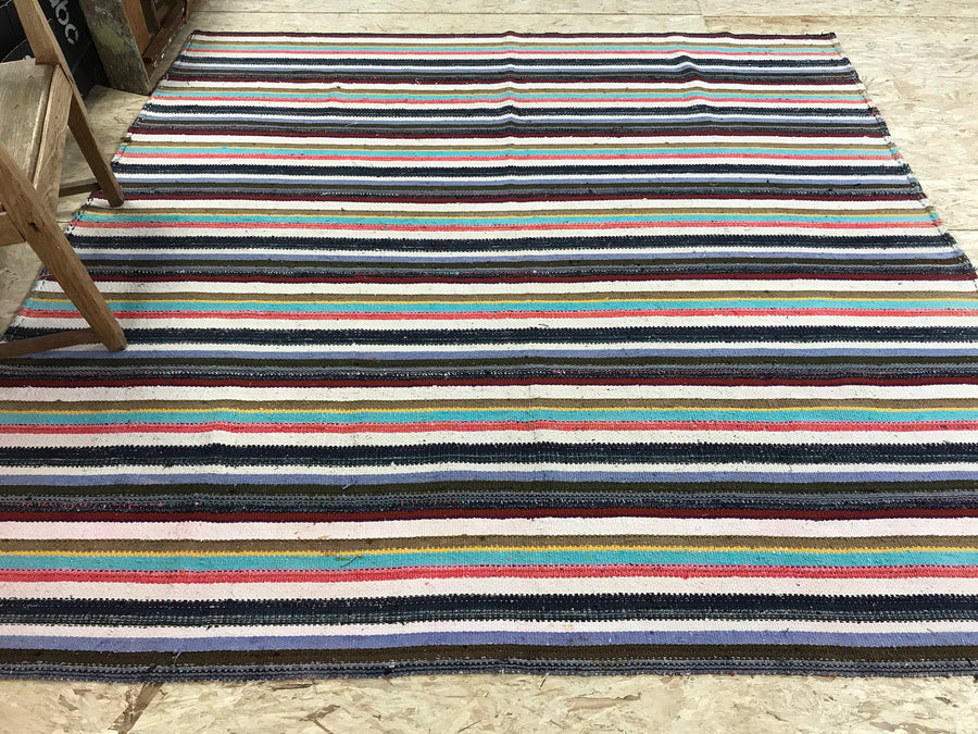 Mid-Century Modern Design 7x7 Striped  Vintage Kilim