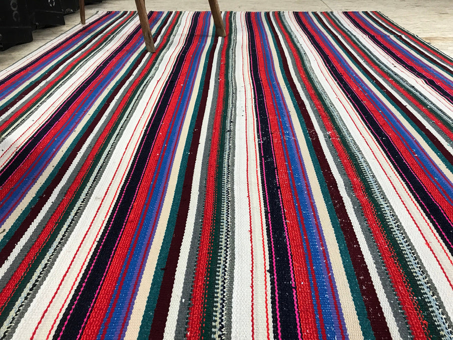 Mid-Century Modern Design 6x9 Red White and Blue Striped Vintage Kilim