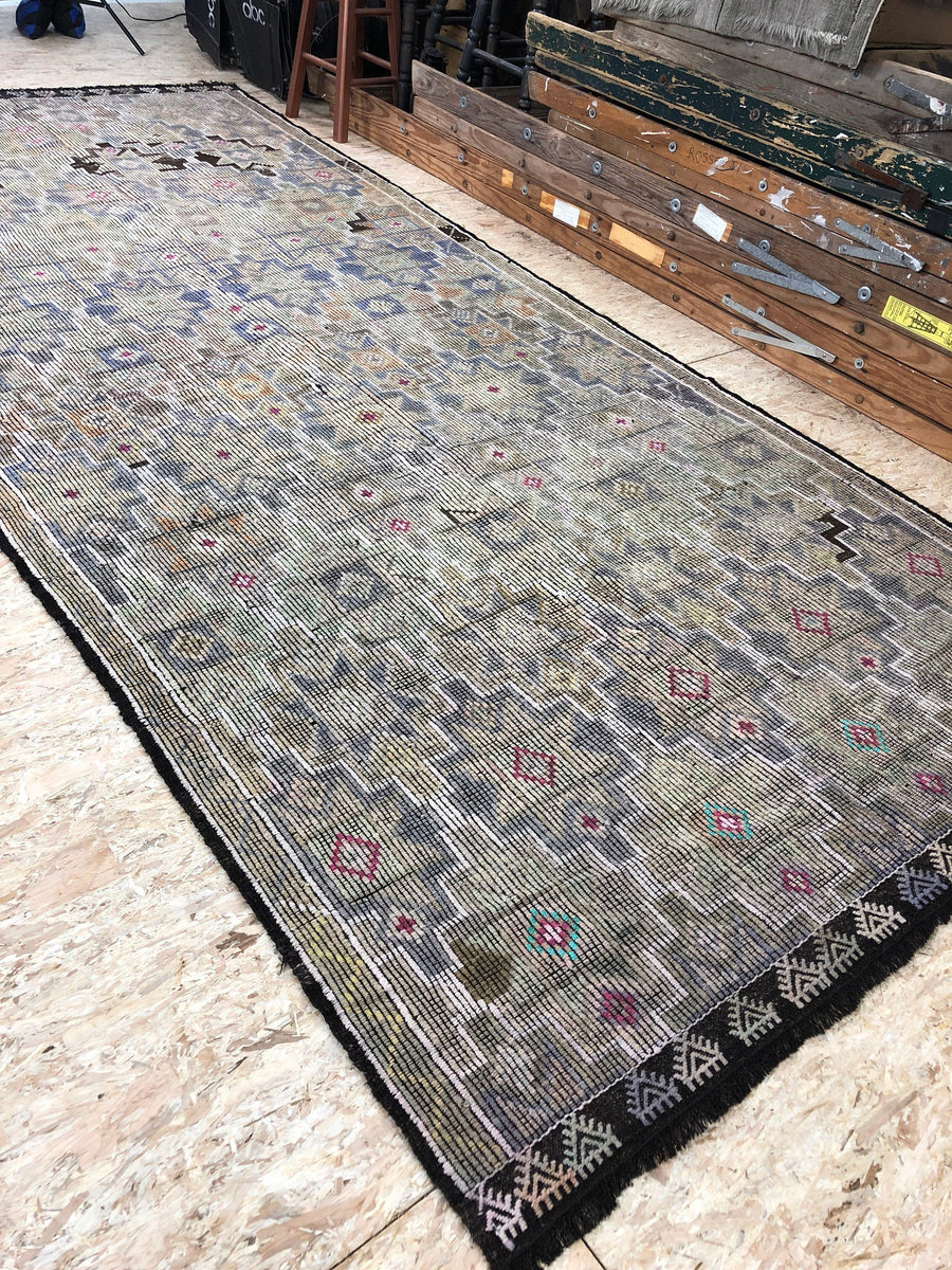 5'6" x 12'3"  Jijim Wide Runner Carpet Large Vintage Turkish Bohemian Kilim Rug Muted Blues Beiges