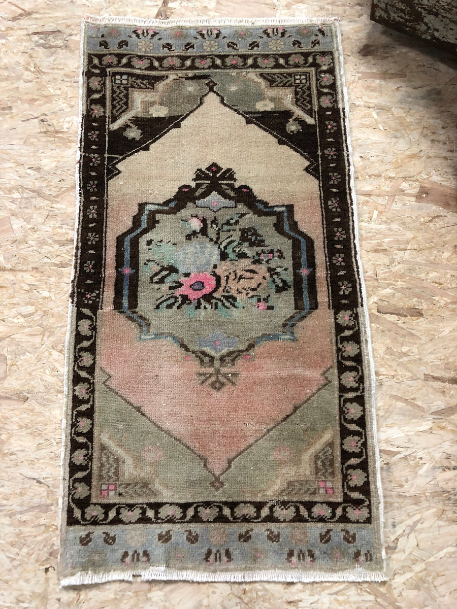 2 X 3 Vintage Turkish Oushak Small Carpet Muted Brown, Blue and Pink