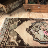 2 X 3 Vintage Turkish Oushak Small Carpet Muted Brown, Blue and Pink '1949