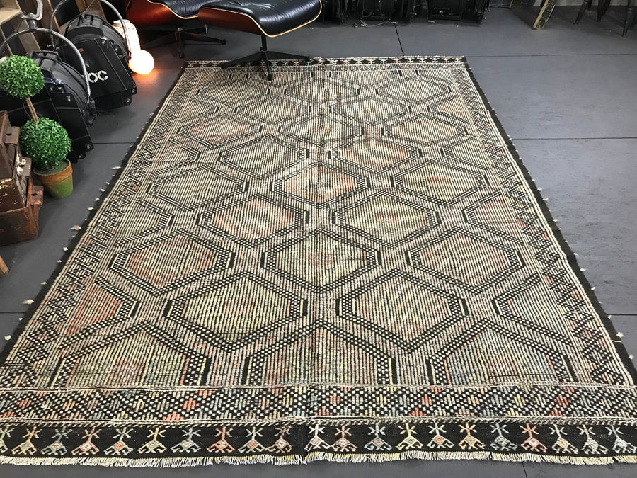 6 x 9 Cicim (jijim) Carpet Large Vintage Turkish Bohemian Kilim Rug Muted Pastels + Black