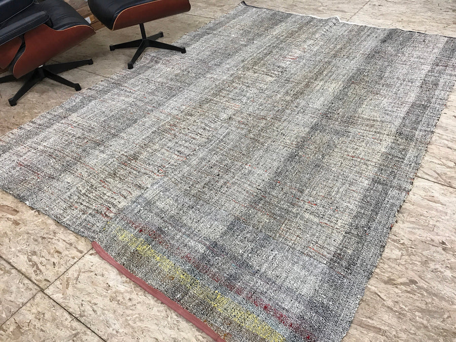 6 x 9 MCM Vintage Turkish Kilim Rug Hemp Goat Hair Flatweave Turkish Carpet Pastel Pinks, Blue, White, Green and Black