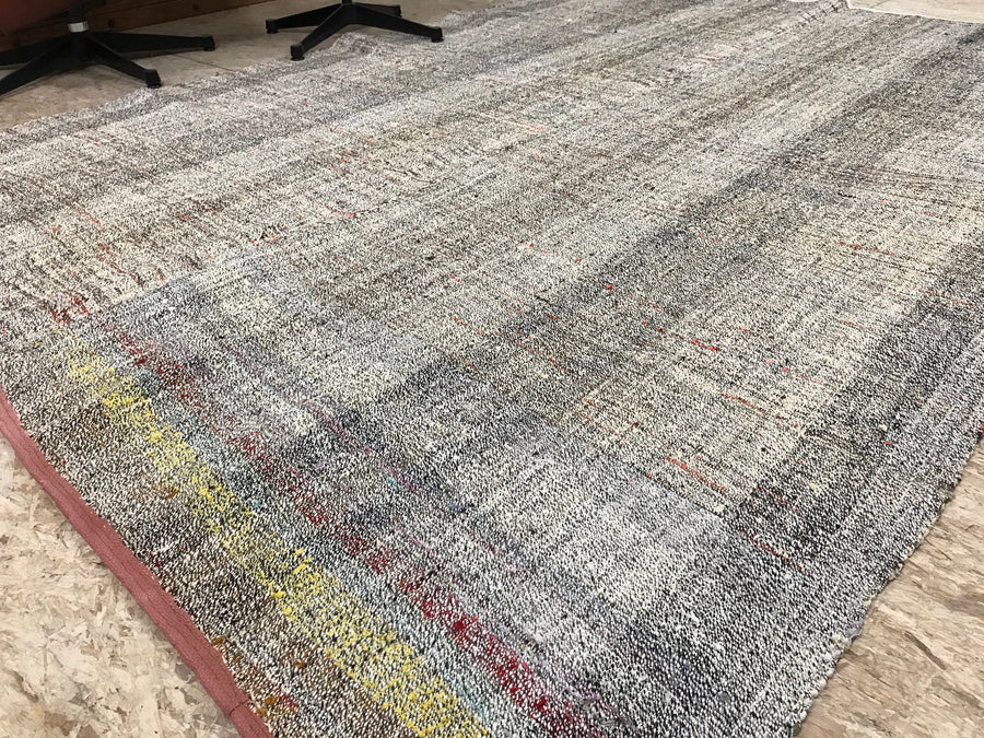 6 x 9 MCM Vintage Turkish Kilim Rug Hemp Goat Hair Flatweave Turkish Carpet Pastel Pinks, Blue, White, Green and Black