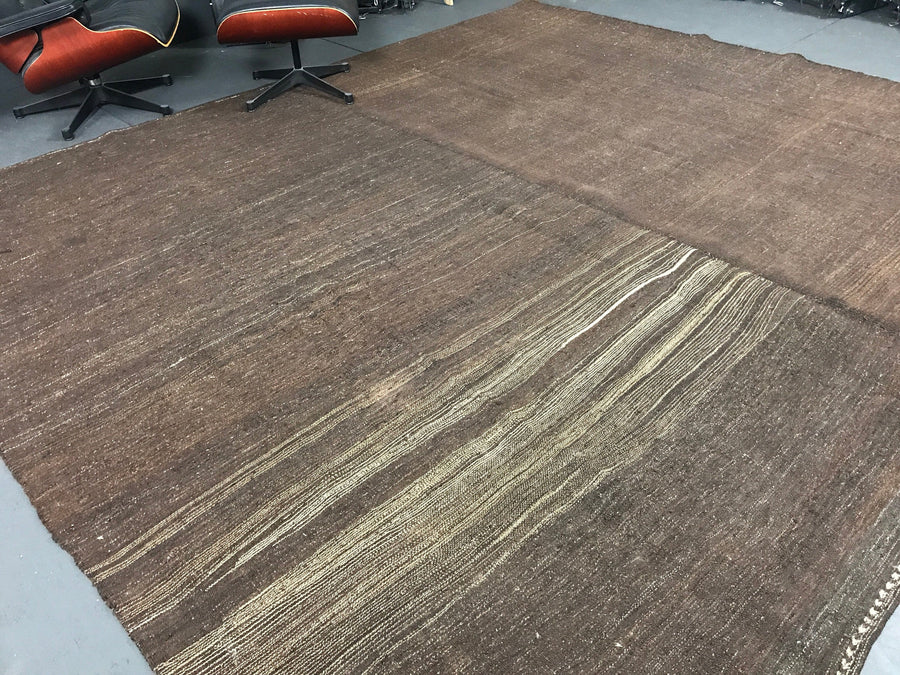 9’6 x 11’4 Turkish Kilim Rug MCM Dark Brown Vintage Flatweave
