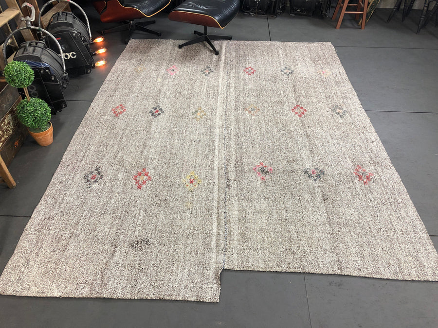 7 x 9 MCM Vintage Turkish Kilim Rug Hemp Goat Hair Black and White Tweed