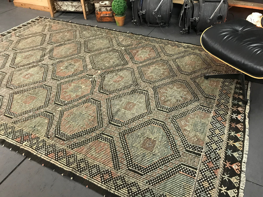6 x 9 Cicim (jijim) Carpet Large Vintage Turkish Bohemian Kilim Rug Muted Pastels + Black