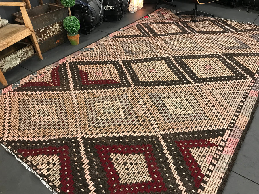 6 x 11 Cicim (jijim) Kilim  Vintage Turkish  Pale Pink and Brown Kilim
