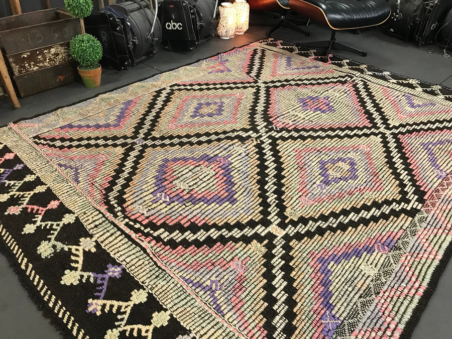 7 x 9 Cicim (jijim) Carpet Large Vintage Turkish Bohemian Kilim Rug Muted Pastels + Black