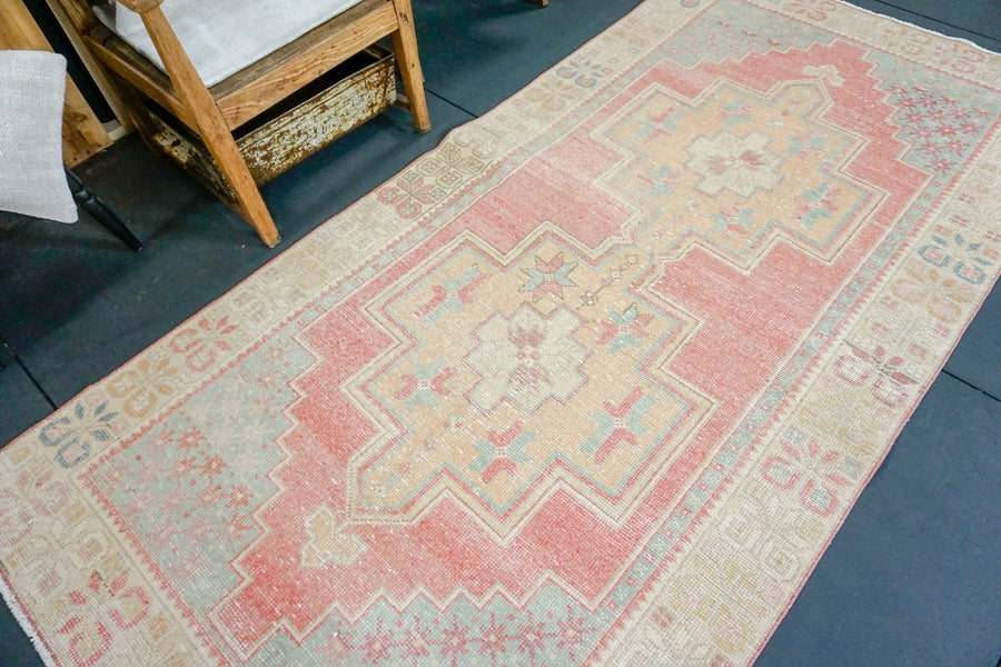 4'1 x 8'6 Turkish Oushak Rug Beige, Coral and Blue