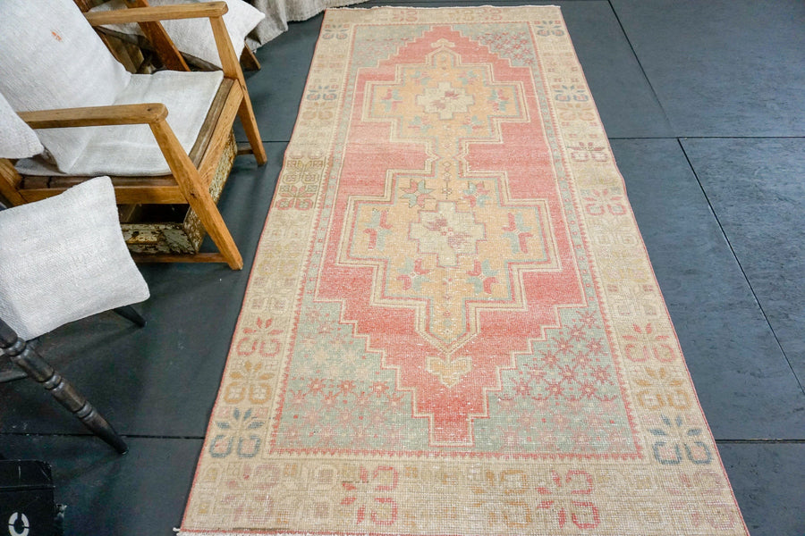 4'1 x 8'6 Turkish Oushak Rug Beige, Coral and Blue