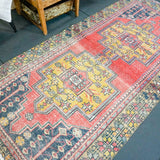4' x 9' Turkish Oushak Gallery Rug Red, Blue & Yellow Gold