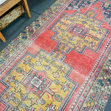 4' x 9' Turkish Oushak Gallery Rug Red, Blue & Yellow Gold