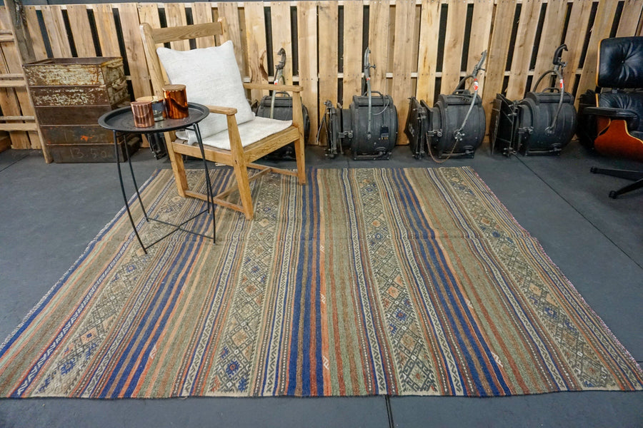 6 x 7 Jijim (Cicim) Carpet Vintage Turkish Kilim Green, Blue + Orange Kilim