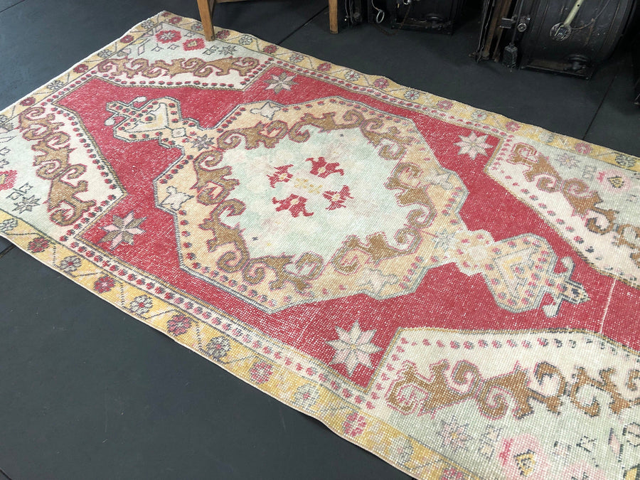 4' X 7' Oushak Rug Faded Red, Sea Foam Green, Yellow & Pink